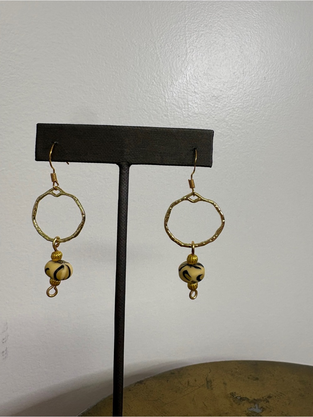 Gold Hoop Drop Earrings with Cream and Black Beads